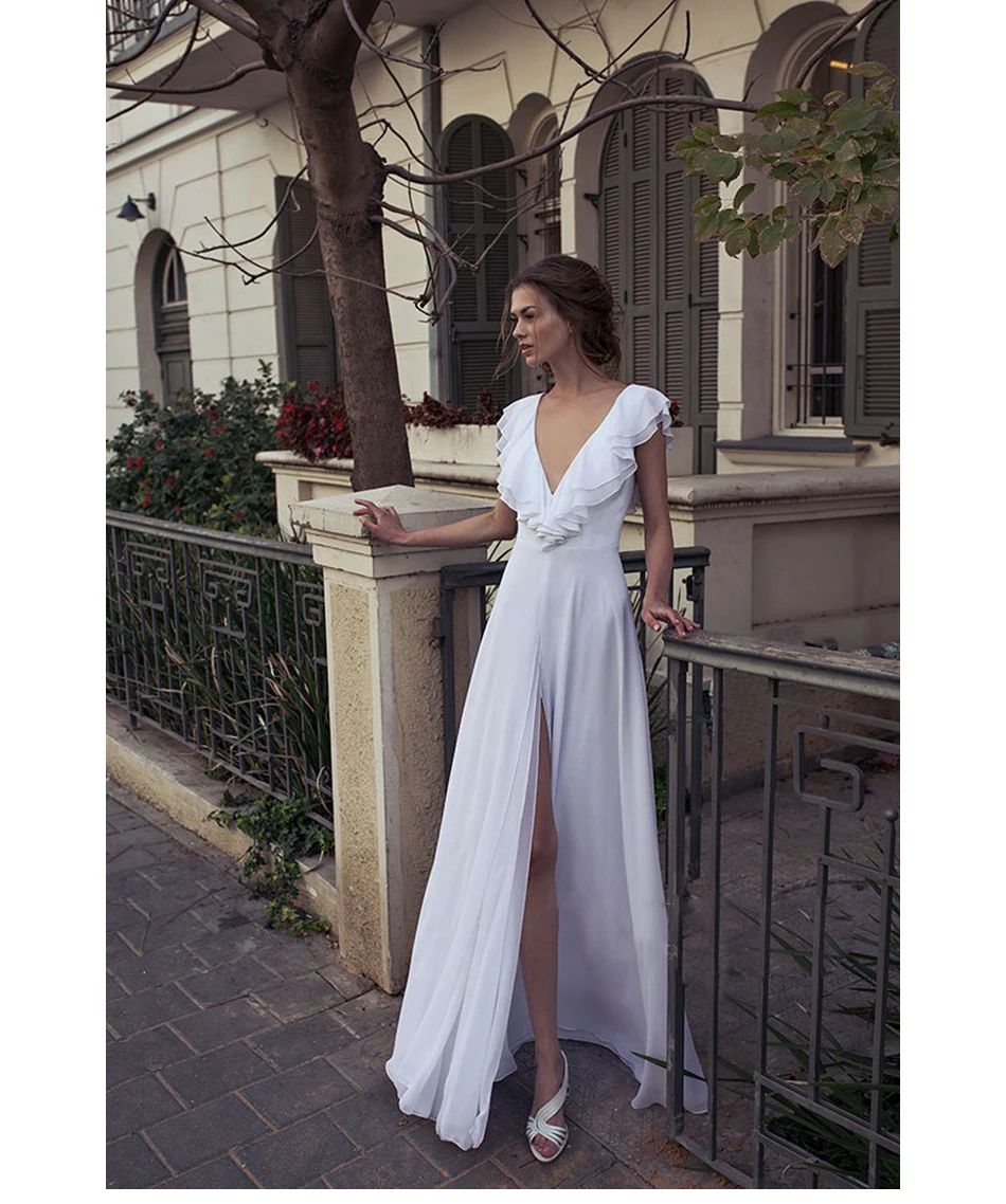 Летние длинные элегантные платья Чешский рюшами V шеи спинки Для женщин белое платье-макси шифоновое с высоким разрезом пляжное платье большие качели