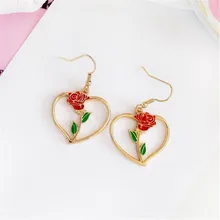 Pendientes colgantes simples de rosas rojas para mujer, aretes Retro de metal con corazón, accesorios de joyería fina de rosa para mujer