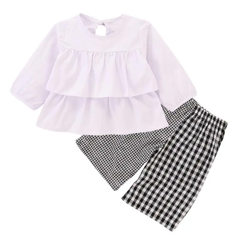

2pcs Girls Baby Long Sleeve Pullovers Tops Stitching Plaid Pants Outfits