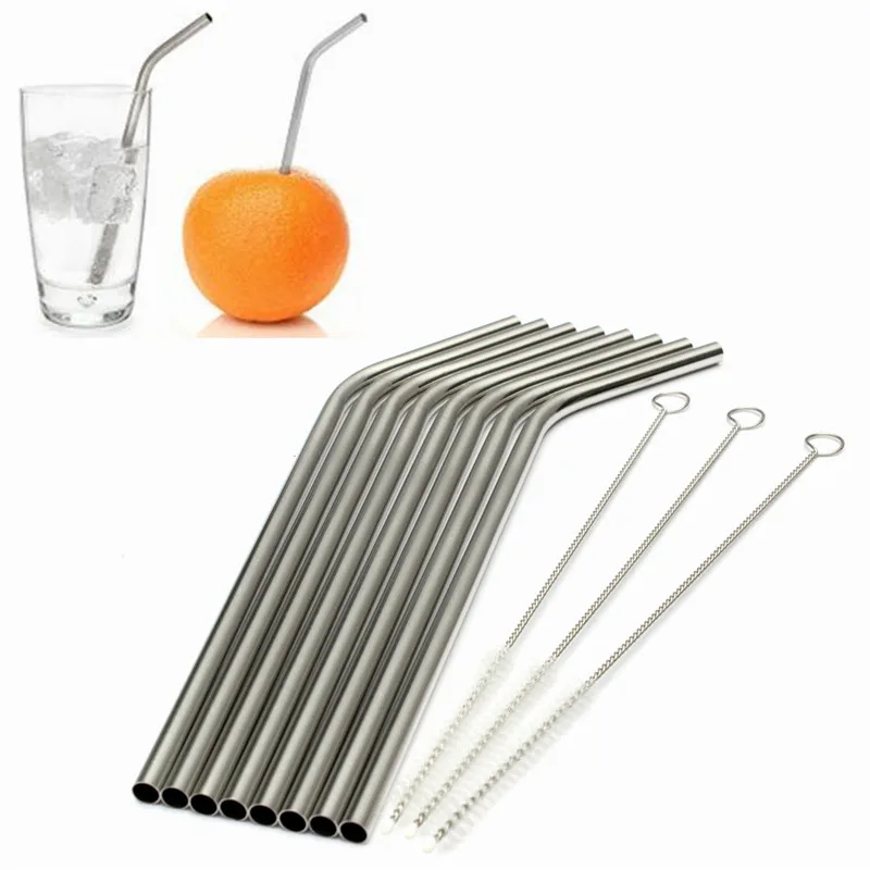 

Newest Kitchen Bar Accessories 2 Pcs Stainless Straws With 1 Cleaner Brush Metal Drinking Straw Stainless Steel Bend