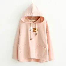 Весна Кони коричневый Колледж ветер с капюшоном медведь двойной карман Свитер с длинными рукавами Женский 17619