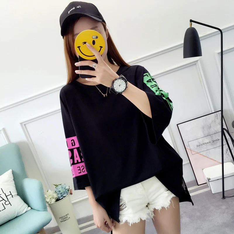 كبير حجم إلكتروني قصيرة الأكمام تي شيرت المرأة الصيف bf النسخة الكورية من فضفاضة الطلاب البرية ulzzang هونغ كونغ نكهة تيز