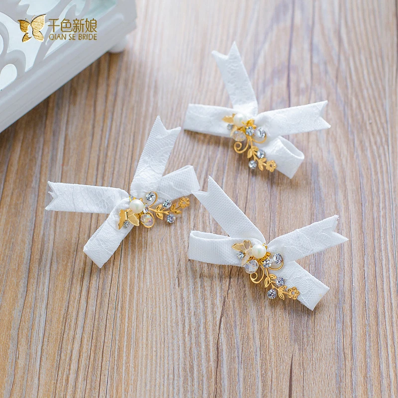 Handmade silk Ribbon hair clips crystal hairgrips white bow knot Charm bridal hair ornaments