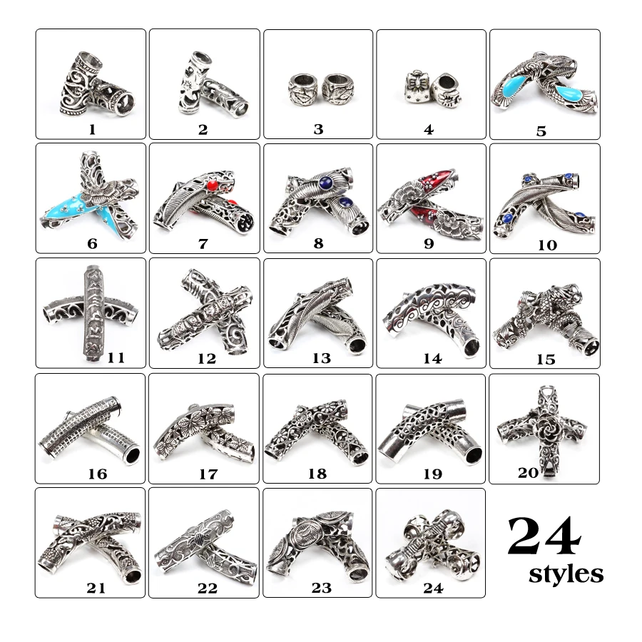 Alileader, 24 вида серебряных бусин для плетения дредов, декоративная манжета для волос, заколка для волос из бисера, резинки для волос, тибетская бусина