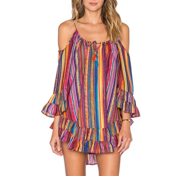 

Bohemian Loose Rainbow Camisole Dress Boho Tunic Brazil Off Shoulder Strip Spaghetti Straped Casual Loose Chiffon Dress
