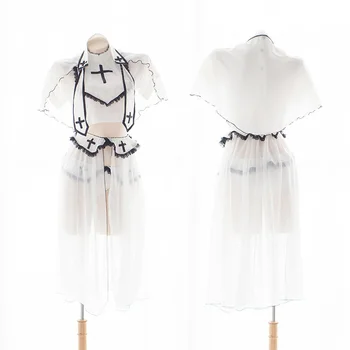 

Women's 5 Piece Sister Lingerie Set Sexy Nun Costume Cosplay Uniform Pure White Lace high neckline with veil outfit Erotic dress