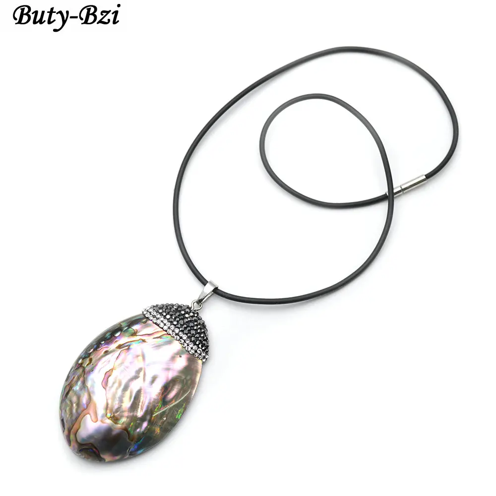 Paved Black Crystal Natural Abalone Big Shell Pendant Black Cord