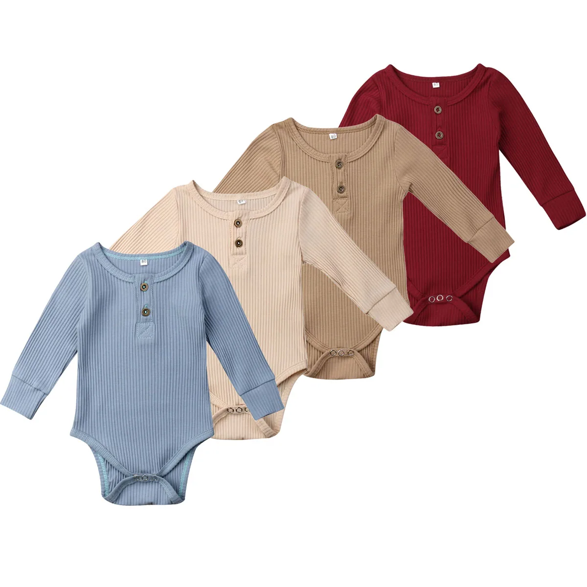 

Hot Sale Newborn Baby Rompers Girl Boy Solid Long Sleeve Romper Button Triangle Jumpsuit Outfit Clothes 0-24M