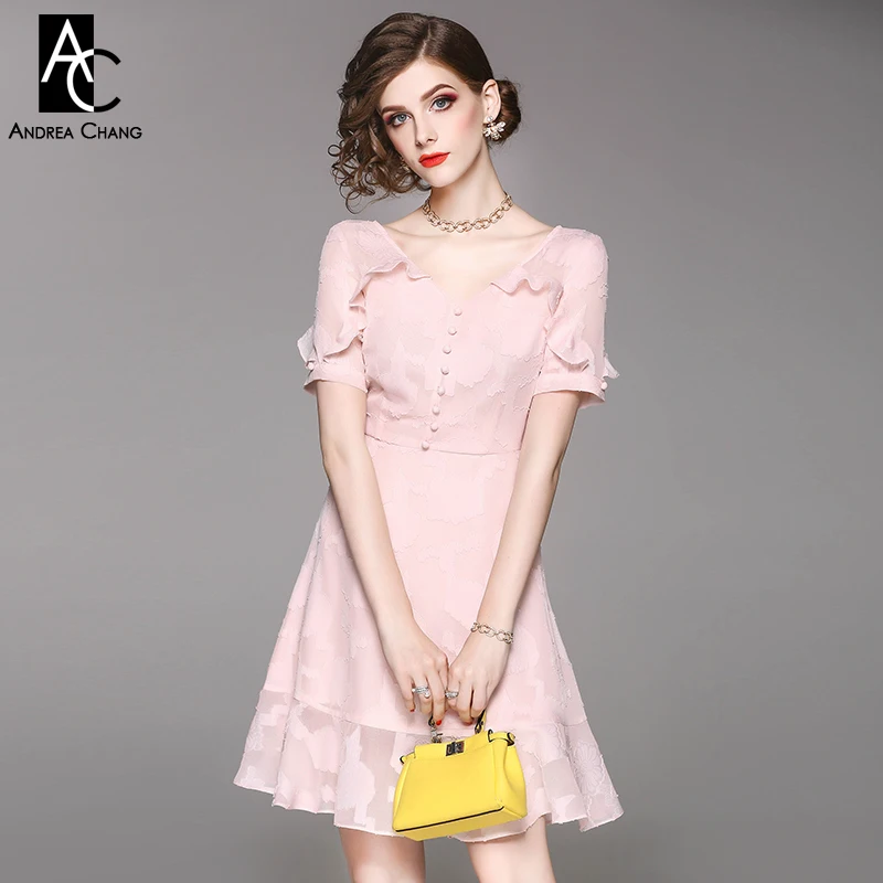 

spring summer woman dress v-neck chest buttons a-line mini pink dress ruffle applique shoulder flower emboss fashion cute dress