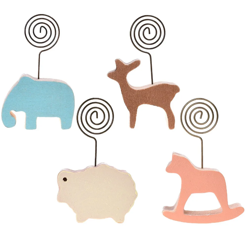 Set of 4PCS Wood Base Cute Animal Memo Clips Place Card Holder Tabletop