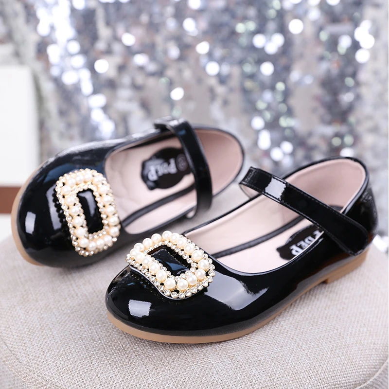 Image PDEP School Girls Hook Loop PU Leather Shoe White Pearl Party Dress Footwear Toddler Girl Wedding Leather Shoes