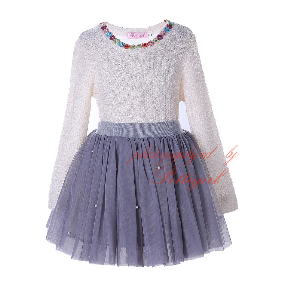 

Pettigirl Girls Autumn Clothing Sets 2pcs Beaded Top With Gray Tulle Skirt Elegant Children Suit Clothes CS80901-1