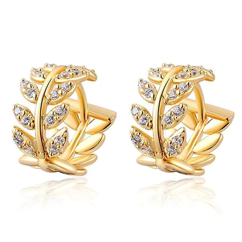 Модные серьги-кольца Huggies золотистого цвета в форме листьев для женщин, маленькие кольца с кристаллами и листьями, ювелирные изделия для сережек - Окраска металла: GD