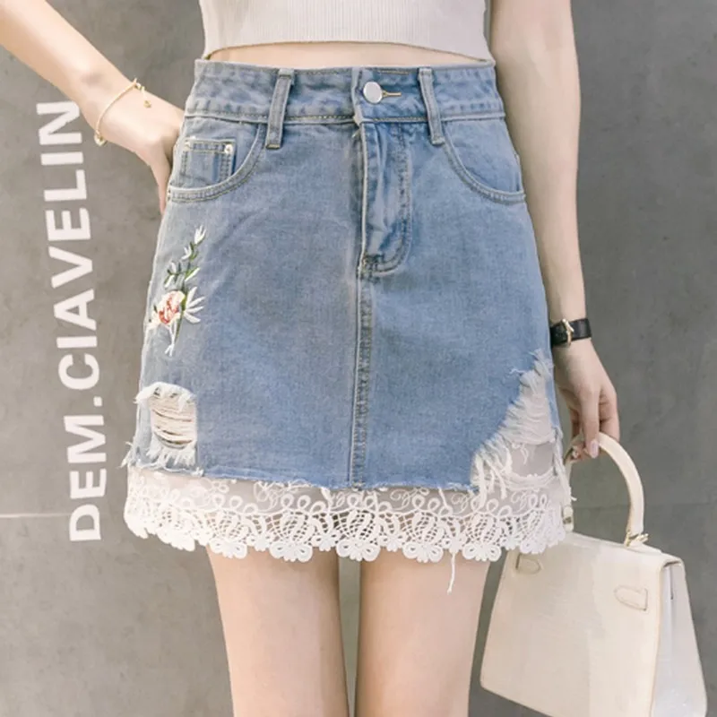 Kobeinc Patch di Pizzo Denim Gonne Moda Ricamo Vita Alta Donne Gonna Jeans  2017 Vendita Calda Strappato Jupe Femme Streetwear|denim skirt|denim skirt  fashionfashion denim skirt - AliExpress
