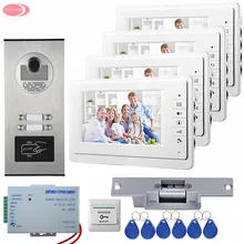 Video Intercom With 4 Monitors +Video Camera 4 Buttons Rfid Access 7” Home Video Door Phone + Electric Strike Lock System Unit