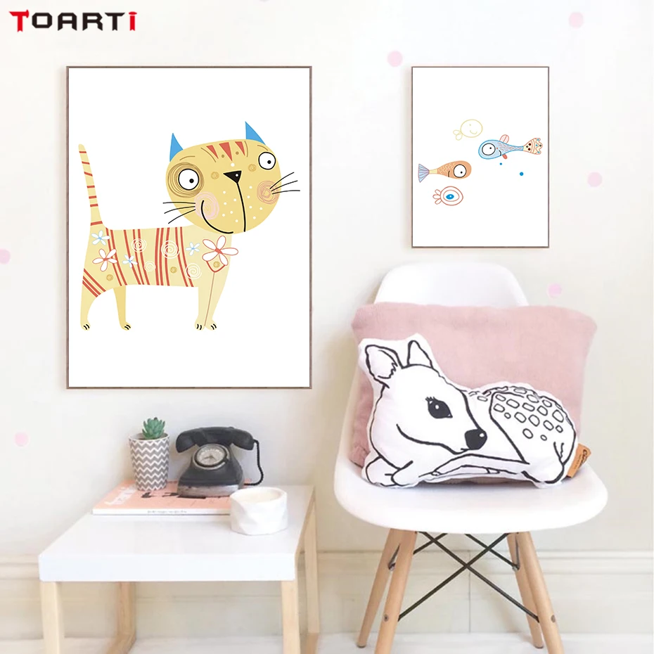 Nordic Style Cartoon Cat and Fish Art Canvas Painting Print And Poster Home Decor A4 Wall Pictures For Kids Rooms Decoration | Дом и сад