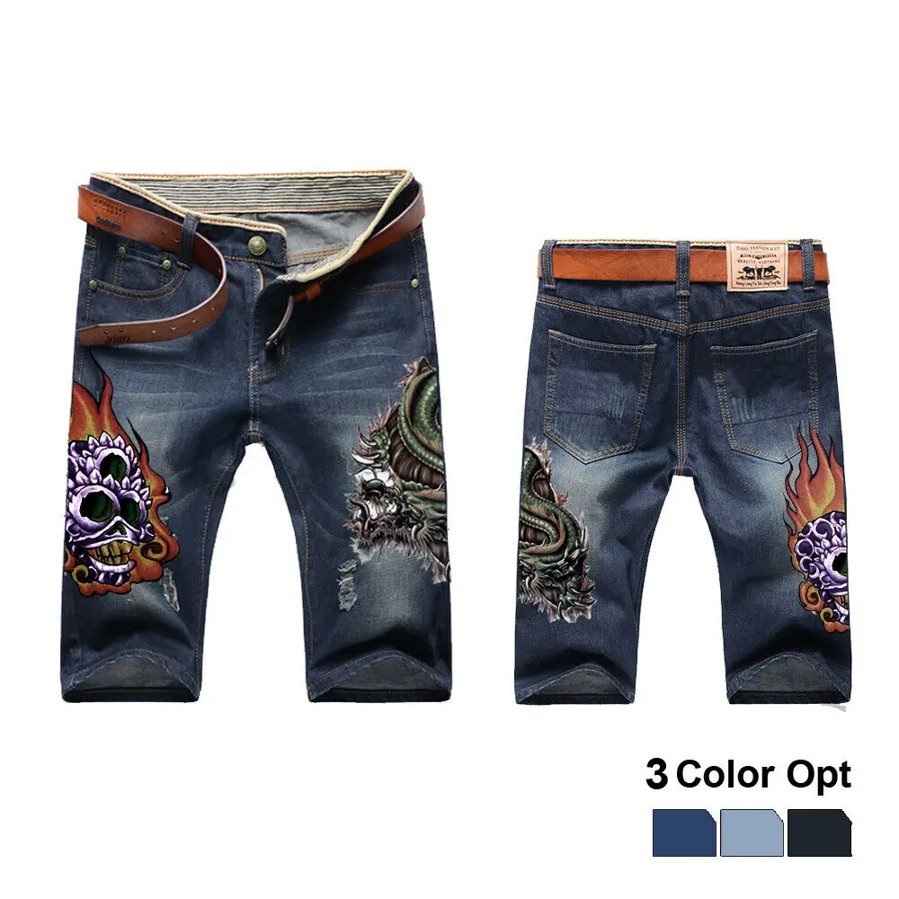 

Men Boy Short Jeans Skinny Hole Ripped Retro Destroy Pants Denim Straigh Trousers Print Design Beach Hip Hop Skate Pants Gragon