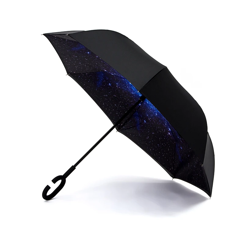С-крюк обратный зонтик звездное небо длинный хвостовик двойной слой ветрозащитный самостоящий закручивающийся зонтик Прямая