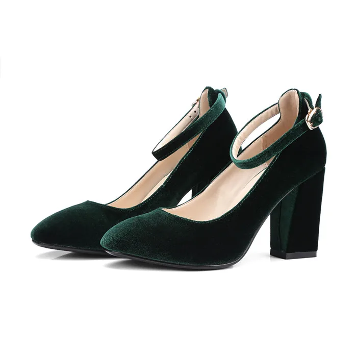 Meotina/Женская обувь; бархатные женские туфли-лодочки на Высоком толстом каблуке; женские вечерние туфли с ремешком на щиколотке; женские туфли-лодочки; Chaussure Femme; большие размеры 33-43 - Цвет: Зеленый