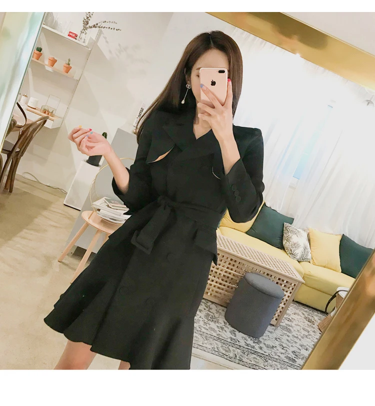 2018 осень Для женщин костюм воротник пояса оборками блейзеры с длинным рукавом платье Блейзер корейская модная двубортная верхняя одежда