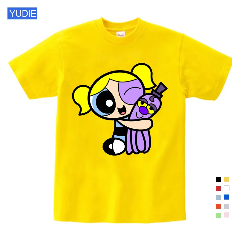 Лидер продаж, футболка с надписью «Powerpuff» для девочек и мальчиков футболка из чистого хлопка с короткими рукавами и круглым вырезом Детская одежда футболка Новинка, YUDIE