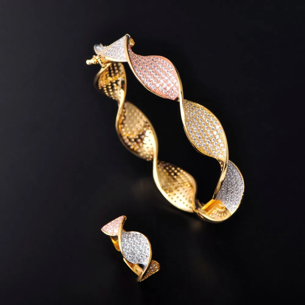 

Blucome New Arrival Big Wave Bangle Ring Sets Shiny CZ Zircon Copper Jewelry Women's Banquet Engagement Bridal Wedding Best Gift