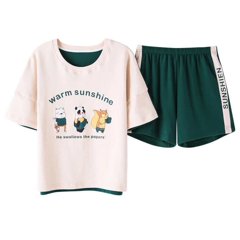 

Summer Women Pajamas Set Sleepwear Animal Cartoon Panda Print Short Sleeve Tee & Shorts Pajamas Woman Nightwear Home Clothing