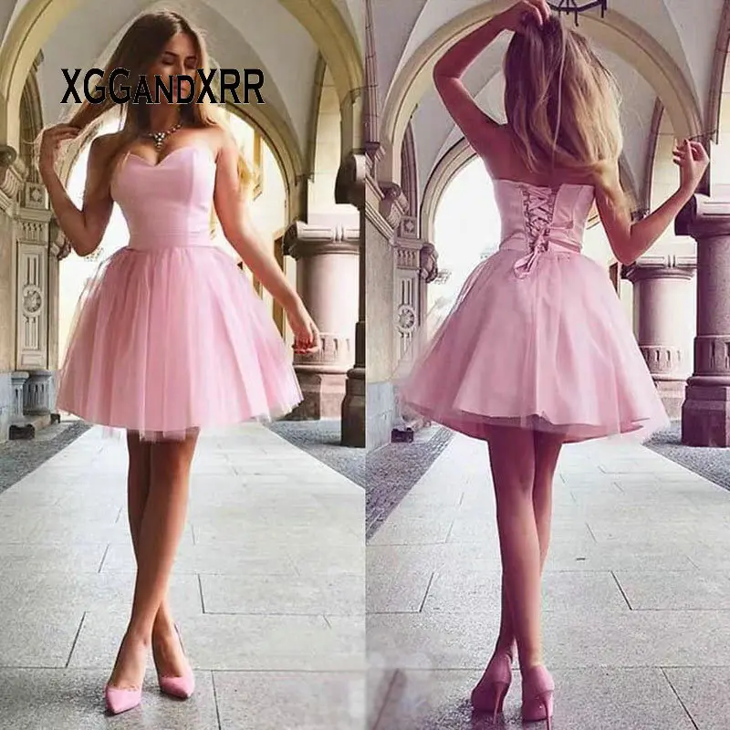 

Lovely Pink Short Prom Dress 2019 Homecoming Dresses Sweetheart off Shoulder Sexy Backless Tull Puffy Skirt Girl Party Gown Mini