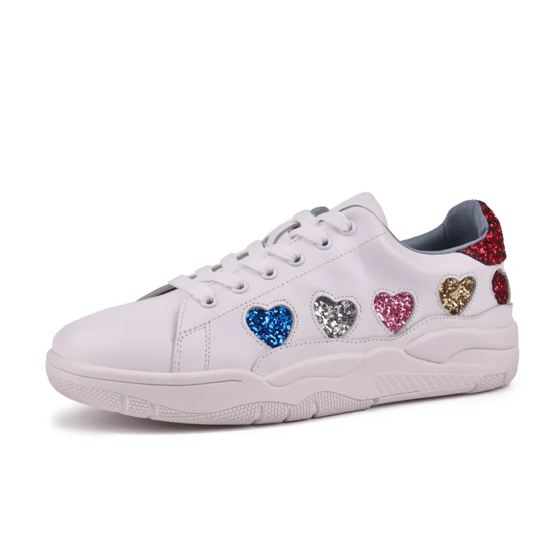 

2018 Hot New Shoes Woman Leather White Woman Flats Low Top Sequined Cloth Decor Star Heart Pattern Women Casual Shoes Sneakers