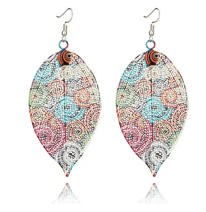 

2018 New Fashion Unique Colorful Natural Leaves Drop Earrings for Women Hollow Out Enamel Leaf Dangle Earrings Bohemian Jewelry