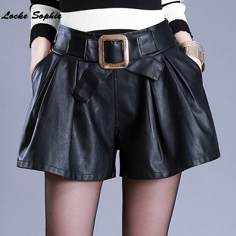 

High waist shorts Women's leather wide leg shorts 2019 Spring faux fur PU leathe shorts Ladies Skinny Leatherwear shorts Girls