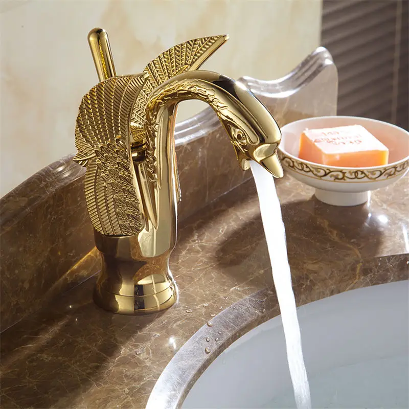 Billig Becken Armaturen Neue Design Schwan Wasserhahn Gold Überzogene Waschbecken Wasserhahn Hotel Luxus Kupfer Gold Mixer Wasserhähne heißer und kalt wasserhähne 85535K