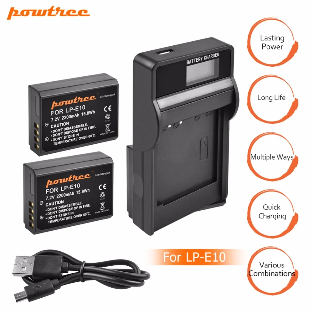 2X LP E10 LP E10 LPE10 Rechargeable Battery+LCD Battery Charger For