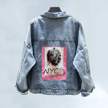 

Patch Designs Denim Jacket Women 2019 Autumn New 3D Printed Diamonds Sequins Fashion Jean Coat Plus Size Casual Jacket Tide 425