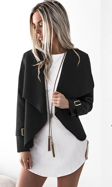Модное женское пальто-кардиган с отложным воротником и длинным рукавом, женская короткая куртка с отворотом, женские куртки, кардиганы - Цвет: black