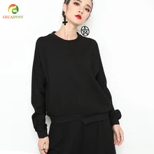 Осенние женские черные футболки с рукавами «летучая мышь» большого размера, женские свободные асимметричные топы с длинными рукавами, повседневные футболки с круглым вырезом для девочек