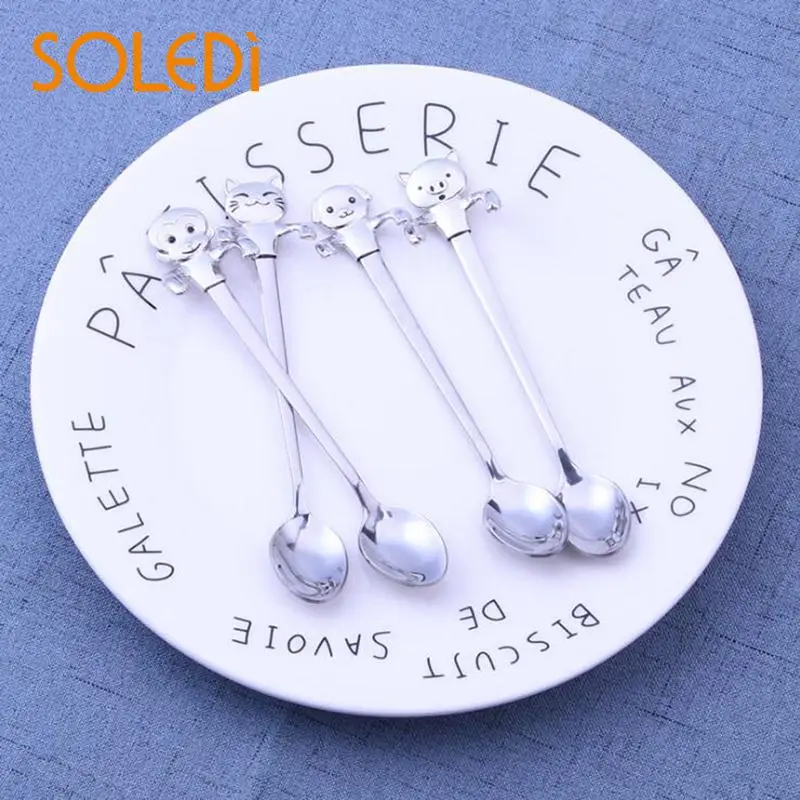 Cute Cat Pig Monkey Teaspoons Stainless Steel Cartoon Cat spoons Ice Cream Dessert Long Handle Coffee&Tea Spoon Tableware