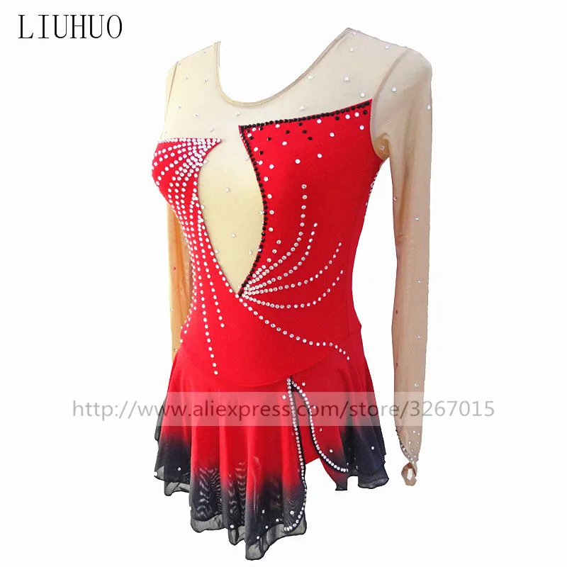 Figure Skating Dress Women's Girls' Ice Skating Dress  Competition clothing Red round neck long sleeve Red black gradient skirt 