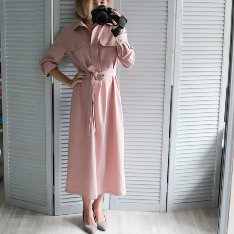 

Pink Button Bandage Shirt Dress For Women 2018 Autumn Winter Long Sleeve Dress Vestidos Vintage Ukraine Christmas Dress