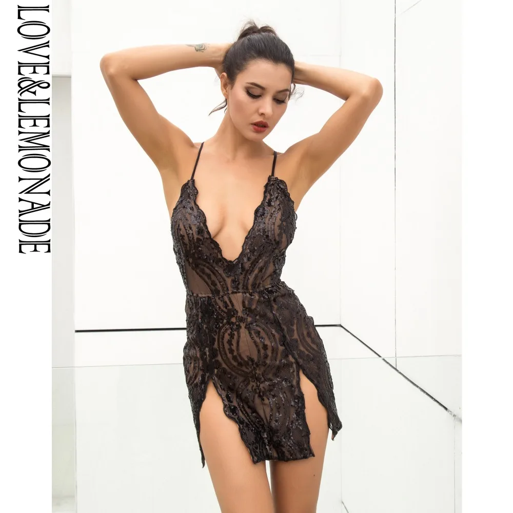 

Love&Lemonade Black Deep V-Neck Open Back Cut Out Flower Sequins Dress LM1273