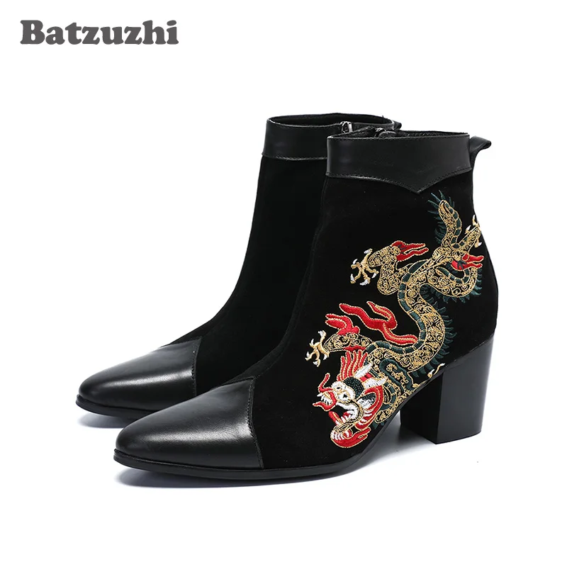 Camurça Totem 7 Preto Batzuzhi Cavalheiro Com Bordado Alto Vestido 8 De Centímetros Zip Homb Salto Botas Tornozelo Dos Curtas Homens O7aq7B
