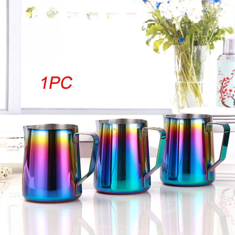 

New Arrival 350ml / 600ml Handle Ear Cup Milk Jug Stainless Steel Pour Over Coffee Pitcher Pull Flower Colorful Surface