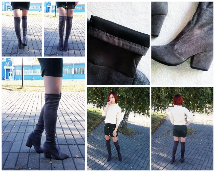 QUTAA/2019 Женские Сапоги выше колена, зимняя обувь на толстом каблуке, пикантные женские сапоги из эластичной ткани с острым носком, размеры 34-43