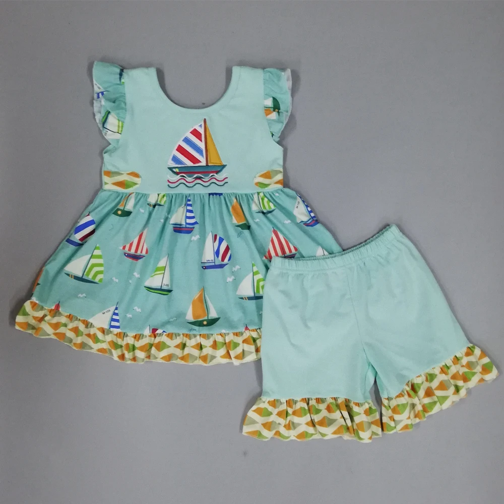 

CONICE NINI 2019 Summer Baby girl clothes Boutique clothing cotton Embroidered sailboat novelty suit kid clothes