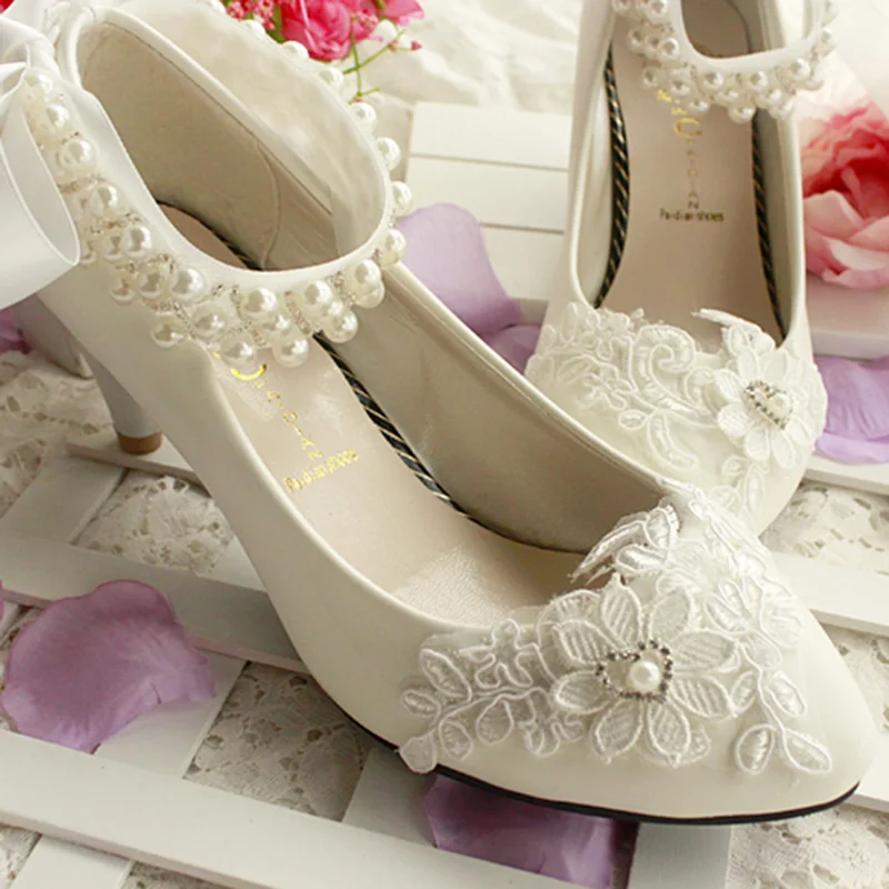 

Handmade Ivory Pearls Ankle Bandage Women Lace Wedding Shoes 2016 New Spring Autumn Fashion Braidsmaid Shoes