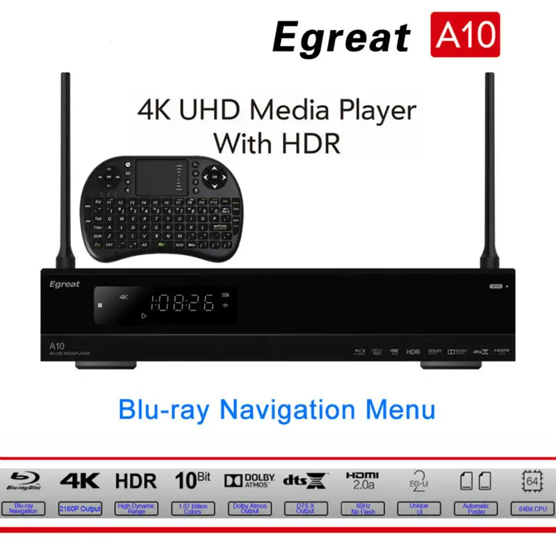 Egreat A10 со сверхвысоким разрешением Ultra HD Media Player 3D 4 K Android 5,1 ТВ коробка AC Gigabit LAN HDR10 3D Blu-Ray ISO Dolby DTS Видон PK Himedia Q10 Pro