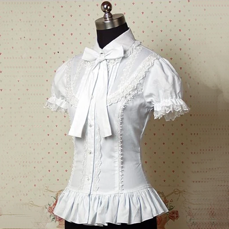 Летние белые короткие викторианские рубашки Лолиты Топы кружевные блузки с оборками и бантом костюм для женщин