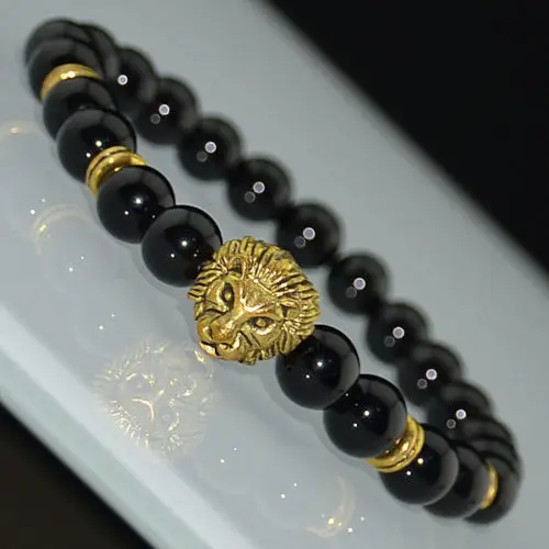 

Men's Black Onyx Gold Lion Head Beaded Bracelet 8" Long/8 MM Beads