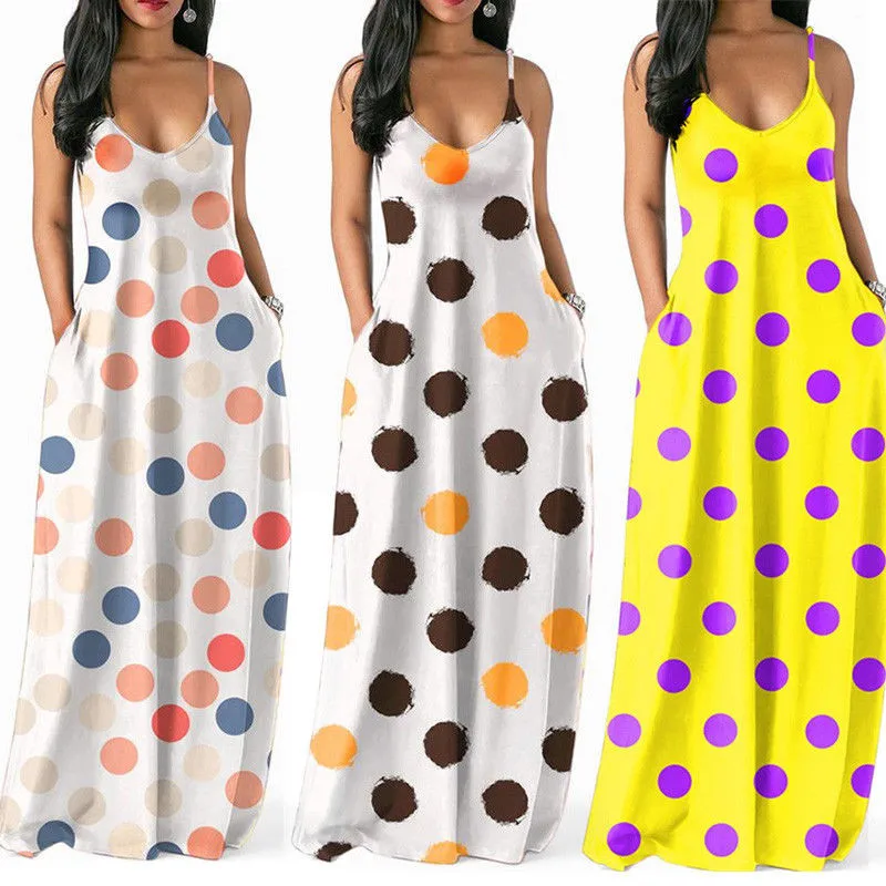 

Women Colorful Polka Dot Printed V Neck Summer Dresses Ladies Sling Sleeveless Long Maxi Beach Dress Party Casual Holiday Dress