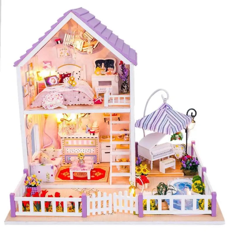 Кукольный дом DIY 3D деревянные Miniaturas мини кукольный домик мебель С Пылезащитным покрытием Развивающие игрушки для детей девочка подарок на день рождения - Цвет: purple romantics